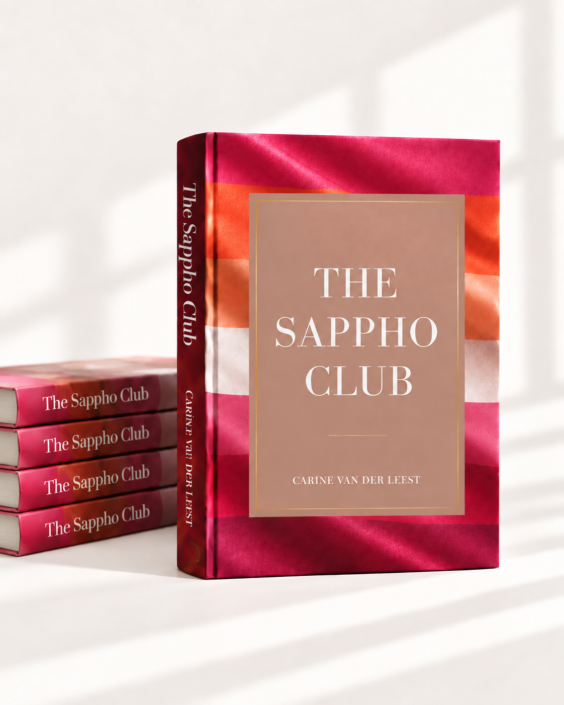 The Sappho Club standing in front of a stack of books in window light
